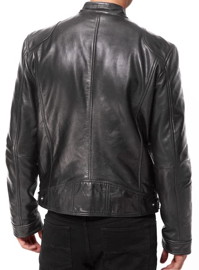 DECIMAL Men's Black Genuine Lambskin Leather Biker Jacket VINTAGE REAL BROWN MOTORCYCLE JACKETS FOR MEN (S, BLACK)