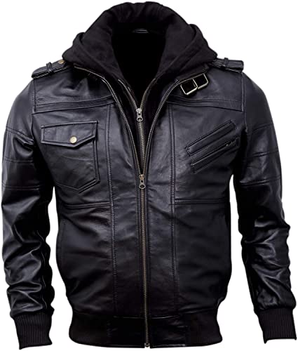 Mens Genuine Black Hooded Bomber Leather Jacket | Real Lambskin Waxed Brown Leather Jackets for Men with Removable Hood (Black, Large)