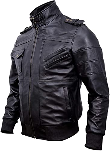 Mens Genuine Black Hooded Bomber Leather Jacket | Real Lambskin Waxed Brown Leather Jackets for Men with Removable Hood (Black, Large)