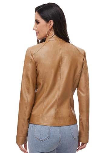 Fahsyee Women's Faux Leather Jackets, Zip Up Motorcycle Short PU Moto Biker Outwear Stand Collar Coat Size L Camel