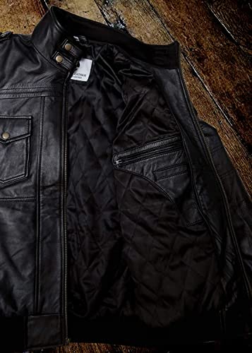 Mens Genuine Black Hooded Bomber Leather Jacket | Real Lambskin Waxed Brown Leather Jackets for Men with Removable Hood (Black, Large)