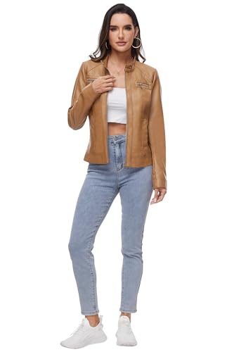 Fahsyee Women's Faux Leather Jackets, Zip Up Motorcycle Short PU Moto Biker Outwear Stand Collar Coat Size L Camel