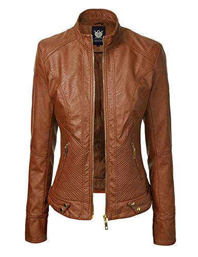 WJC747 Womens Dressy Vegan Leather Biker Jacket L Camel