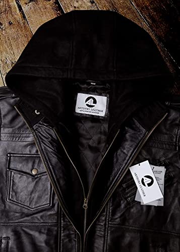 Mens Genuine Black Hooded Bomber Leather Jacket | Real Lambskin Waxed Brown Leather Jackets for Men with Removable Hood (Black, Large)