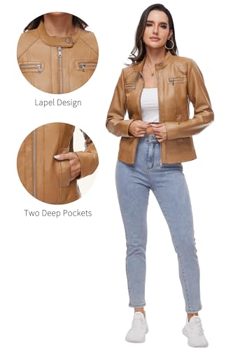 Fahsyee Women's Faux Leather Jackets, Zip Up Motorcycle Short PU Moto Biker Outwear Stand Collar Coat Size L Camel