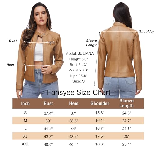 Fahsyee Women's Faux Leather Jackets, Zip Up Motorcycle Short PU Moto Biker Outwear Stand Collar Coat Size L Camel