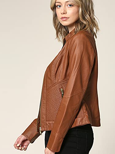 WJC747 Womens Dressy Vegan Leather Biker Jacket L Camel