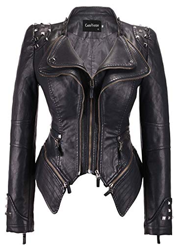 chouyatou Women's Fashion Studded Perfectly Shaping Faux Leather Biker Jacket (Small, Black)
