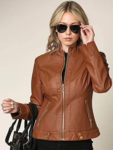 WJC747 Womens Dressy Vegan Leather Biker Jacket L Camel
