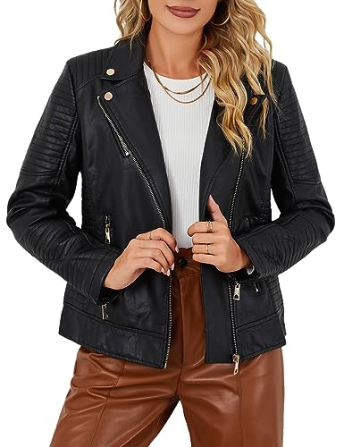 Bellivera Women's Faux Leather Jacket Motorcycle Standard Outerwear 53 Black L