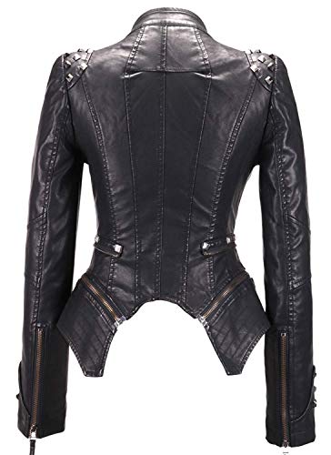 chouyatou Women's Fashion Studded Perfectly Shaping Faux Leather Biker Jacket (Small, Black)