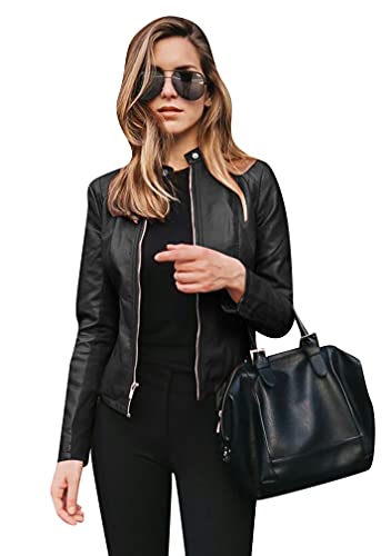 BOFETA Women's Casual Fall Cool Zipper Front Faux Leather Jacket For Women Plain Slim Long Sleeve Coat Blk L
