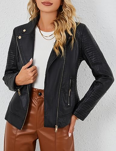 Bellivera Women's Faux Leather Jacket Motorcycle Standard Outerwear 53 Black L