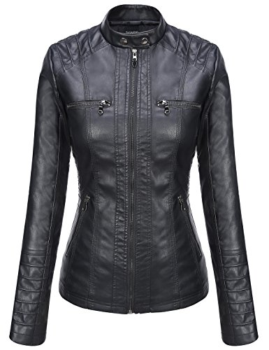 Tanming Women's Womens Hooded Faux leather Jackets (Medium, Black)