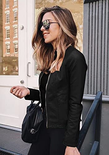 BOFETA Women's Casual Fall Cool Zipper Front Faux Leather Jacket For Women Plain Slim Long Sleeve Coat Blk L