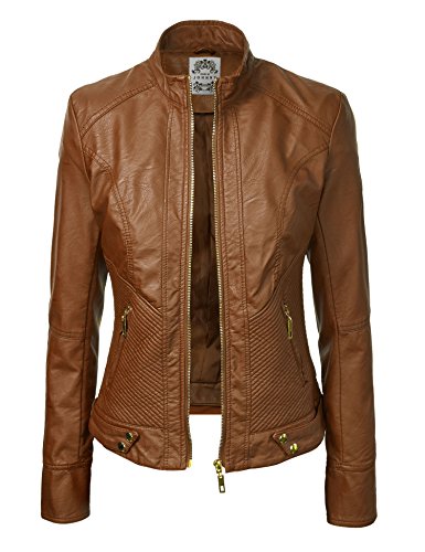 WJC747 Womens Dressy Vegan Leather Biker Jacket L Camel