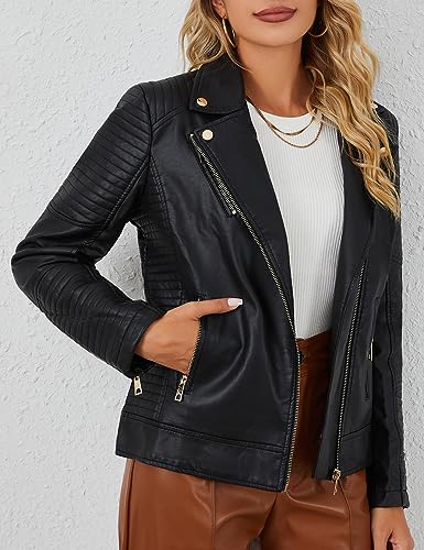 Bellivera Women's Faux Leather Jacket Motorcycle Standard Outerwear 53 Black L
