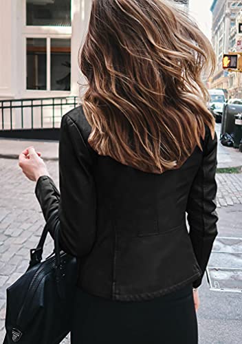 BOFETA Women's Casual Fall Cool Zipper Front Faux Leather Jacket For Women Plain Slim Long Sleeve Coat Blk L