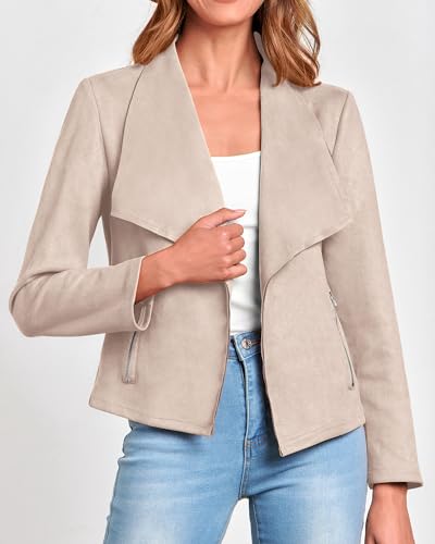 KIRUNDO Women's Faux Leather Suede Jacket 2024 Fall Fashion Light Long Sleeve Cropped Jacket Coats with Pockets(Beige Apricot, Small)