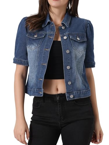 Allegra K Women's Short Puff Sleeve Denim Jacket