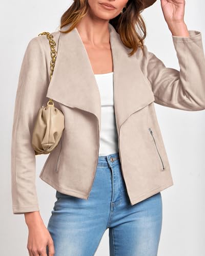 KIRUNDO Women's Faux Leather Suede Jacket 2024 Fall Fashion Light Long Sleeve Cropped Jacket Coats with Pockets(Beige Apricot, Small)