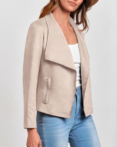 KIRUNDO Women's Faux Leather Suede Jacket 2024 Fall Fashion Light Long Sleeve Cropped Jacket Coats with Pockets(Beige Apricot, Small)