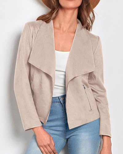 KIRUNDO Women's Faux Leather Suede Jacket 2024 Fall Fashion Light Long Sleeve Cropped Jacket Coats with Pockets(Beige Apricot, Small)