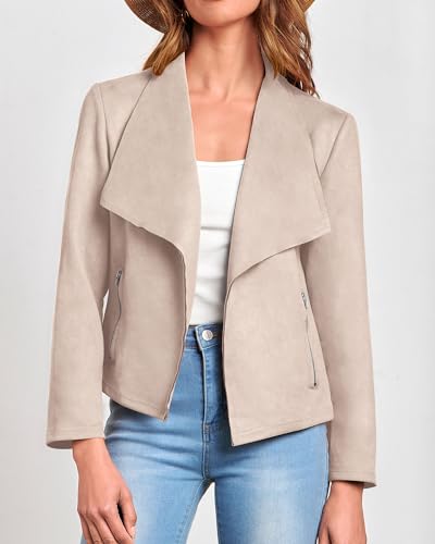 KIRUNDO Women's Faux Leather Suede Jacket 2024 Fall Fashion Light Long Sleeve Cropped Jacket Coats with Pockets(Beige Apricot, Small)