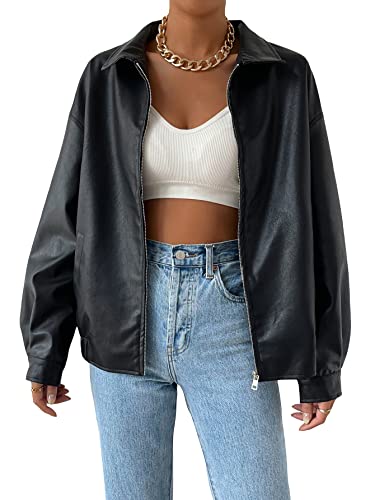 MakeMeChic Women's Faux Leather Shacket Long Sleeve Zip Up Motorcycle Jacket Biker Coat Zip Black L