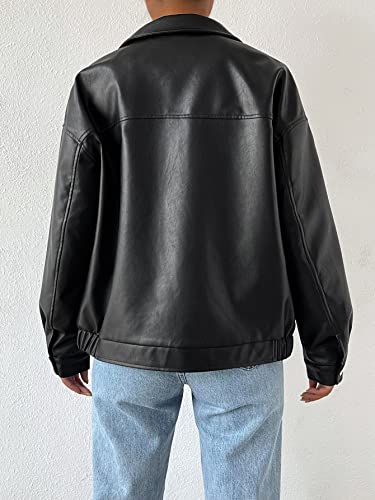 MakeMeChic Women's Faux Leather Shacket Long Sleeve Zip Up Motorcycle Jacket Biker Coat Zip Black L