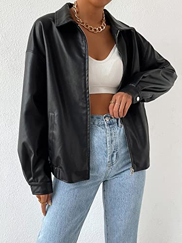 MakeMeChic Women's Faux Leather Shacket Long Sleeve Zip Up Motorcycle Jacket Biker Coat Zip Black L