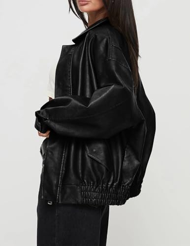 PRETTYGARDEN Women's Faux Leather Motorcycle Jacket Trendy Fall Clothes Oversized Zip Up Winter Coat Outerwear (Black,Small)