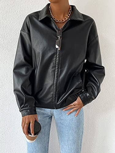 MakeMeChic Women's Faux Leather Shacket Long Sleeve Zip Up Motorcycle Jacket Biker Coat Zip Black L
