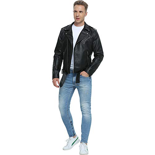 Fahsyee Leather Jackets for Men, Faux Bomber Jacket Men Motorcycle Lapel Asymmetric Zip-Up Blet Slim Fit Biker Coat Black M
