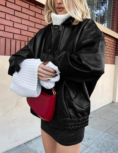 PRETTYGARDEN Women's Faux Leather Motorcycle Jacket Trendy Fall Clothes Oversized Zip Up Winter Coat Outerwear (Black,Small)
