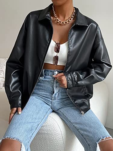 MakeMeChic Women's Faux Leather Shacket Long Sleeve Zip Up Motorcycle Jacket Biker Coat Zip Black L