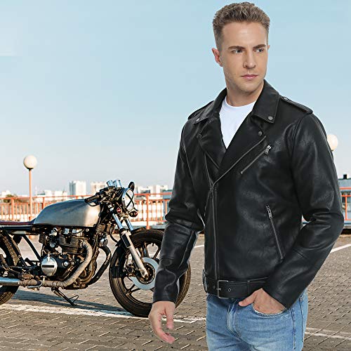Fahsyee Leather Jackets for Men, Faux Bomber Jacket Men Motorcycle Lapel Asymmetric Zip-Up Blet Slim Fit Biker Coat Black M