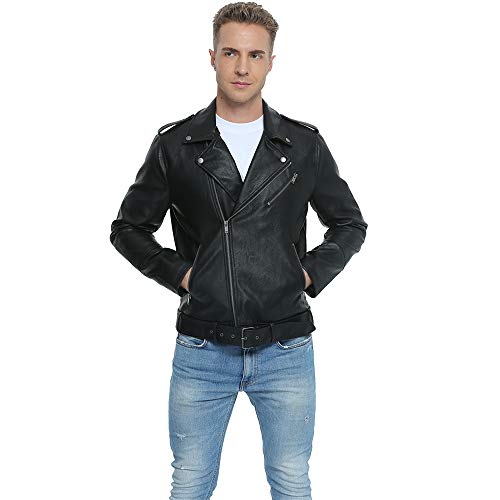 Fahsyee Leather Jackets for Men, Faux Bomber Jacket Men Motorcycle Lapel Asymmetric Zip-Up Blet Slim Fit Biker Coat Black M