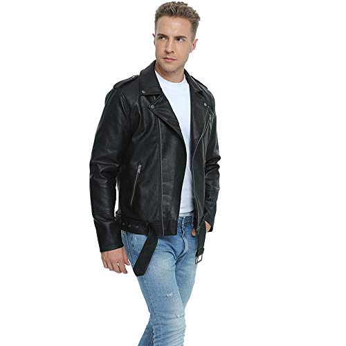 Fahsyee Leather Jackets for Men, Faux Bomber Jacket Men Motorcycle Lapel Asymmetric Zip-Up Blet Slim Fit Biker Coat Black M