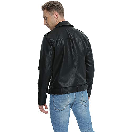 Fahsyee Leather Jackets for Men, Faux Bomber Jacket Men Motorcycle Lapel Asymmetric Zip-Up Blet Slim Fit Biker Coat Black M