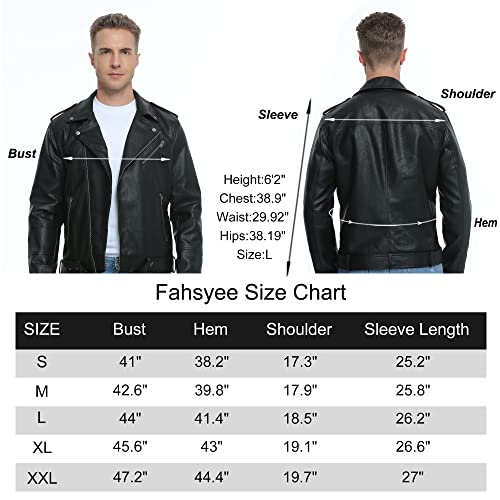 Fahsyee Leather Jackets for Men, Faux Bomber Jacket Men Motorcycle Lapel Asymmetric Zip-Up Blet Slim Fit Biker Coat Black M