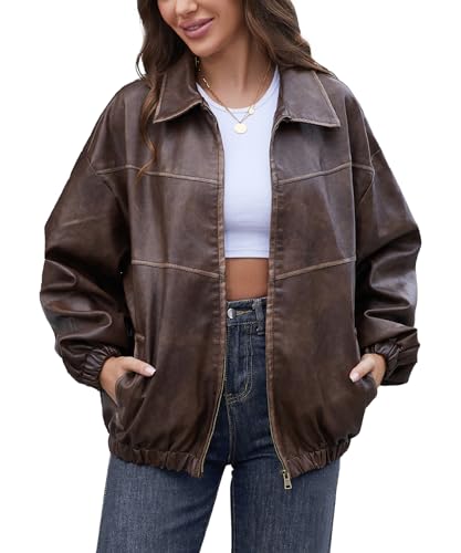 Bakyarder Womens Oversized Y2K Faux Leather Jackets Vintage Plus Size Fashion Motorcycle Coats Fall Fashion Outfits 2024 Coffee Medium