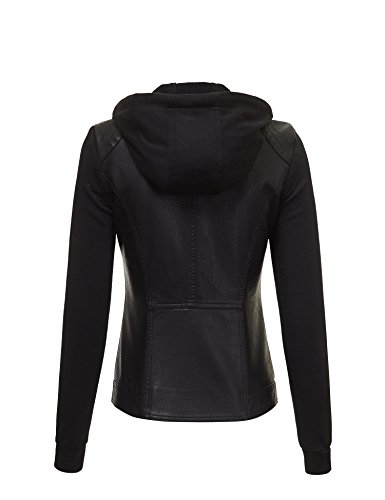 Lock and Love LL WJC1347 Womens Faux Leather Zip Up Moto Biker Jacket with Hoodie L BLACK_BLACK