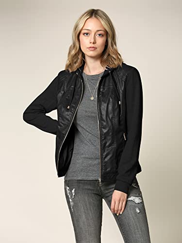 Lock and Love LL WJC1347 Womens Faux Leather Zip Up Moto Biker Jacket with Hoodie L BLACK_BLACK