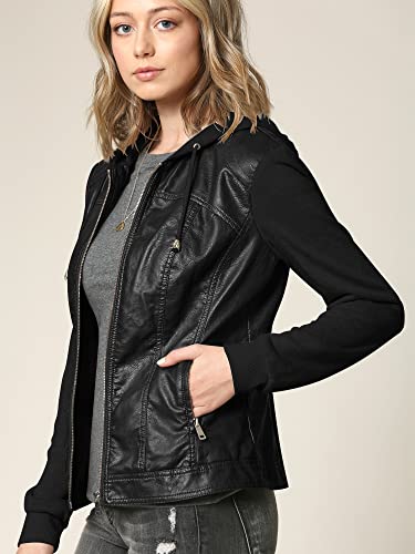 Lock and Love LL WJC1347 Womens Faux Leather Zip Up Moto Biker Jacket with Hoodie L BLACK_BLACK