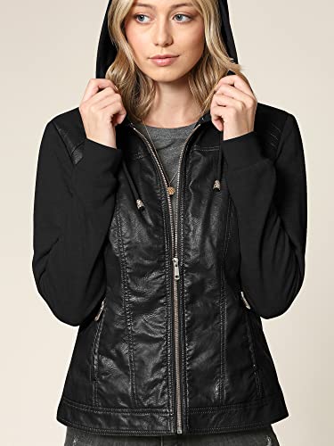 Lock and Love LL WJC1347 Womens Faux Leather Zip Up Moto Biker Jacket with Hoodie L BLACK_BLACK
