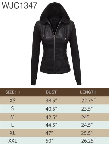 Lock and Love LL WJC1347 Womens Faux Leather Zip Up Moto Biker Jacket with Hoodie L BLACK_BLACK