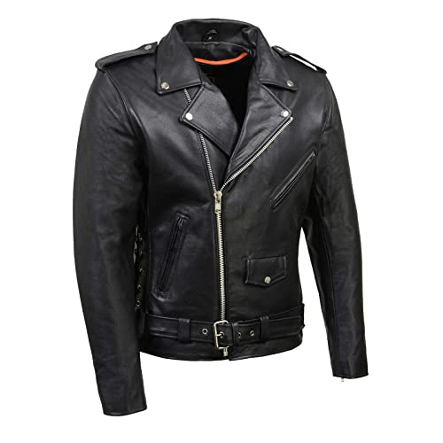 Milwaukee Leather SH1011 Black Classic Brando Motorcycle Jacket for Men Made of Cowhide Leather w/Side Lacing - Large