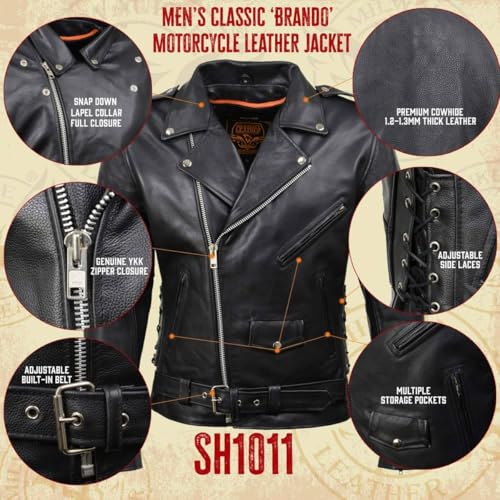 Milwaukee Leather SH1011 Black Classic Brando Motorcycle Jacket for Men Made of Cowhide Leather w/Side Lacing - Large