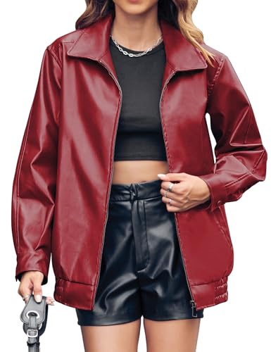 Miladusa Women's Leather Jackets Faux Motorcycle Coat Casual Zip Up Travel Leather Jacket Fall Winter Outwear Dark Red L